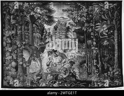 Parc de jeux avec éléphant et rhinocéros. Inconnu c. 1600 tapisserie dimensions : H 8'8' x l 12' tapisserie matériaux/techniques : inconnu culture : Centre de tissage flamand : Bruxelles histoire de propriété : Français & Co. reçu de Mme. Emanuel Havenith, 2/1918 ; retour au printemps 1920. D'autres animaux comprennent une licorne, des chameaux, un oiseau et un boeuf à cornes léonine, dans un paysage exotique avec des palmiers et des licornes en arrière-plan frontière manquante, et cela peut être un fragment d'une pendaison plus grande. French & Co. feuille de stock dans les archives, 10414 Banque D'Images