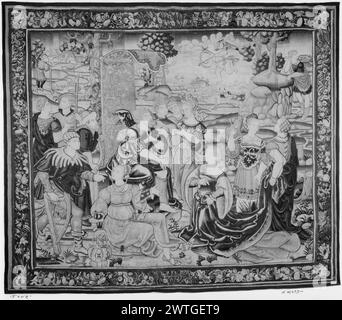 scène mythologique. Inconnu c. 1650-1675 dimensions de tapisserie : H 11'2' x l 13' matériaux / techniques de tapisserie : inconnu culture : Centre de tissage flamand : inconnu histoire de propriété : Français et Co. Homme avec harpe aproche dame assise, qui fait des gestes vers une autre dame assise avec 2 préposés, qui regarde vers l'homme sur le trône, qui s'adresse à dame debout à côté de lui comme 2 hommes derrière eux observent ; berger en l fond ; Cupidon dans le ciel points arc & flèche vers le bas; Man in R fond regarde vers Far R (BRD) guirlande avec des fleurs et des raisins ; plantes en pot dans les coins No French & Co. feuille de stock dans archi Banque D'Images