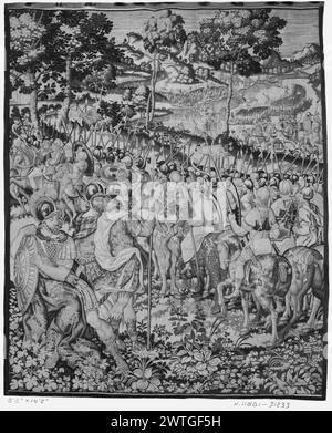 Conférence entre Scipio et Hannibal avant la bataille de Zama. Inconnu c. 1580-1600 dimensions de tapisserie : H 10'2' x l 8'6' tapisserie matériaux / techniques : inconnue culture : Centre de tissage flamand : Bruxelles histoire de propriété : Français et Co. Scipion au bord de la rivière avec son armée, de nombreux soldats à cheval, certains tiennent de grandes bannières (l, au premier plan) ; l'armée d'Hannibal de l'autre côté de la rivière (R du centre, en arrière-plan) frontières manquantes. Feuille de stock française et américaine manquante dans les archives, 31233 Paris (Grand Palais), Jules Romain (1978) Banque D'Images