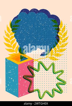 Risograph Laurel Wreath avec bulle de parole avec des formes géométriques. Les objets dans le graphique riso à la mode impriment la conception de style de texture avec des éléments géométriques. Illustration de Vecteur