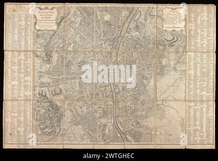 Nouveau plan de la ville de Paris et de ses faubourgs, unités en vingt quartiers / par le sieur Jaillot, géographe ordinaire du roi, quay et a coté des grands Augustins, 1777. Jaillot, Jean Baptiste Michel, 1710 ?-1780, cartographe. 1777 orienté avec l'est en haut. Rues et bâtiments notables répertoriés dans les tableaux aux marges gauche et droite, et indexés sur la grille étiquetée A-S, 1-16. Élévation indiquée par hachures. Coupé en 21 panneaux et monté sur lin. Échelle d'environ 1:10,600. Getty copy a le titre manuscrit à l'encre sur le segment le plus haut comme plié : Plan de Paris / par Jaillot / 1777 / série C / Banque D'Images