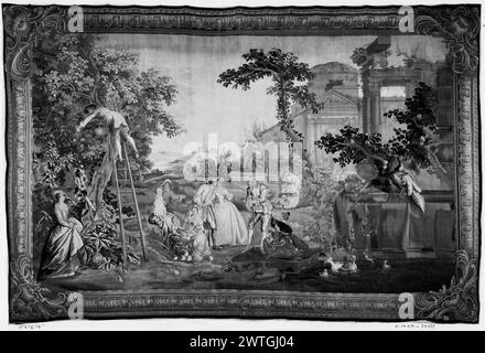 Cueillette de fruits. Watteau, Jean Antoine (français, 1684-1721) (dessiné après) [peintre] Pater, Jean-Baptiste Joseph (français, 1695-1736) (dessiné après) [peintre] Bradshaw, George Smith (britannique, 1717-1812) (atelier) [tisserand] c. 1730-1760 dimensions de la tapisserie : H 11' x l 16'10' matériaux/techniques : inconnu culture : Centre de tissage anglais : Londres histoire de la propriété: French & Co. acheté chez Henry Symons, facturé le 05/09/1929. Homme sur l'échelle ramassant des fruits et dame tient son tablier ramassant des fruits (l), couple assis, dame et enfant agenouillés devant le grand panier et couple debout (l de cent Banque D'Images