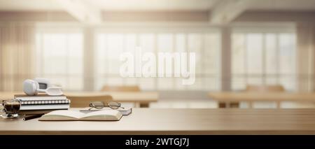 Une table en bois avec des livres, des écouteurs, des lunettes, une tasse à café, et un espace pour exposer les produits, sur un fond flou d'une bibliothèque confortable co- Banque D'Images