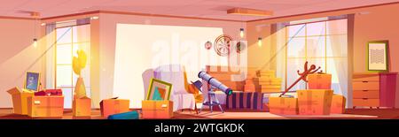 Intérieur de la pièce avec des trucs de maison emballés dans des boîtes en carton pour le concept de relocation. Illustration vectorielle de dessin animé d'une habitation légère avec des biens dans un emballage en carton dans une nouvelle maison ou prêt pour le déménagement. Illustration de Vecteur