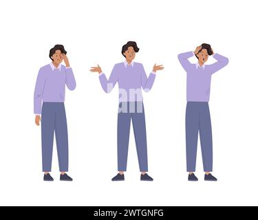 Le jeune homme ressent des émotions négatives différentes. Divers gestes masculins et pose ensemble. Confus, incertain, stress professionnel Illustration de Vecteur