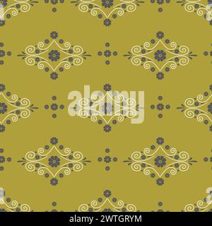 Modèle sans couture avec des tourbillons blancs et de petites fleurs sur fond doré Illustration de Vecteur