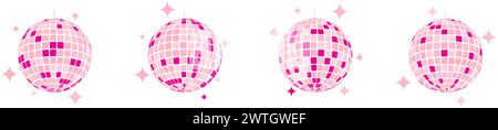 Ensemble de discoballs roses. Soirée musique de nuit mirrorballs dans les années 70 années 80 années 90 style discothèque. Globes de boîte de nuit brillants avec des paillettes. Vie nocturne, vacances ou Illustration de Vecteur