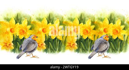 bordure sans couture avec bouquet de fleurs jaunes à l'aquarelle et petit oiseau mignon, narcisse jaune de printemps et orange et feuilles vertes, illustrati à la maison confortable Banque D'Images
