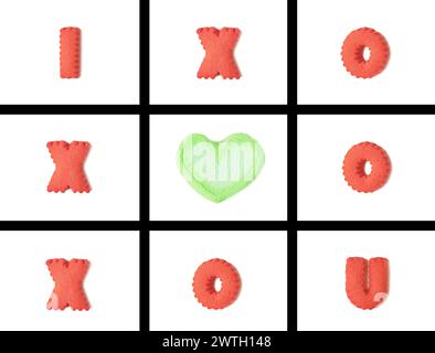 Typographie 3D colorée vibrante et Heart Shaped I LOVE U dans TIC Tac Toe Game sur fond blanc Banque D'Images