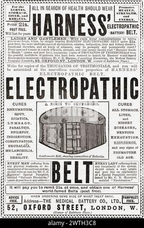 Publicité des années 1930 pour la ceinture électropathique du harnais. Guérit presque tout. Tiré du London Illustrated News, publié le 26 mars 1887. Banque D'Images