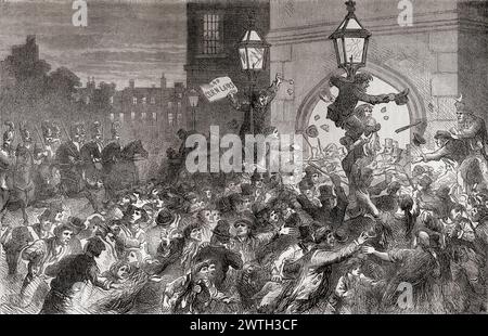 Émeute du pain à l'entrée de la Chambre des communes, Londres, Angleterre, 1815. Soulèvement public contre l'émeute du pain à l'entrée de la Chambre des communes, Londres, Angleterre, 1815. Soulèvement public contre les lois sur le maïs qui étaient des taxes sur le grain importé introduites en 1815. Extrait de Cassell's Illustrated History of England. Banque D'Images