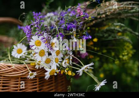 Panier en osier avec fleurs de prairie. Une variété colorée de fleurs sauvages d'été. Banque D'Images