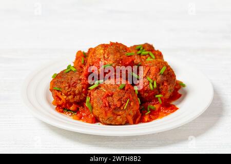 Albondigas, boulettes de viande espagnoles de porc et de bœuf mélangées à la sauce tomate à l'oignon poivron rouge saupoudrée de ciboulette sur une assiette blanche sur une table en bois blanc Banque D'Images