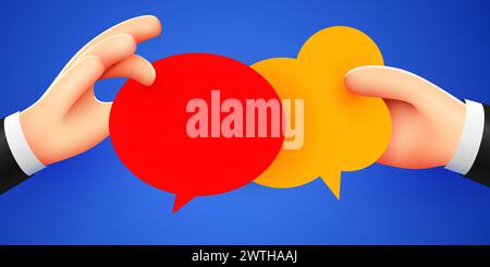 Mains tenant une bulle de discussion. Concept de communication. style de dessin animé 3d. Illustration vectorielle Illustration de Vecteur