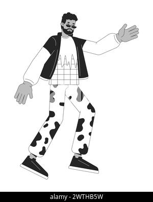 Danser Afro-américain homme noir et blanc 2D ligne personnage de dessin animé Illustration de Vecteur