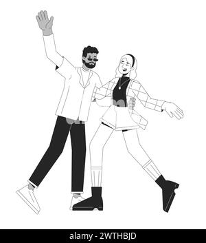 Heureux couple dansant noir et blanc ligne 2D personnages de dessin animé Illustration de Vecteur