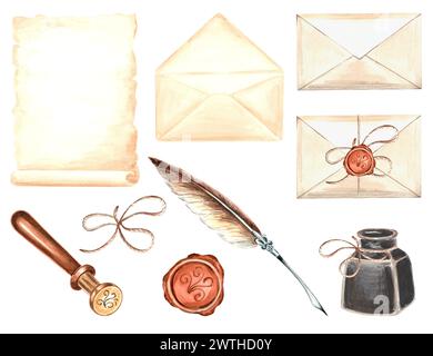 Ensemble de fournitures d'écriture vintage pour la conception décorative. Papier parchemin, plume et encrier, enveloppes, sceau de cire, corde. Papeterie rétro. Main d Banque D'Images