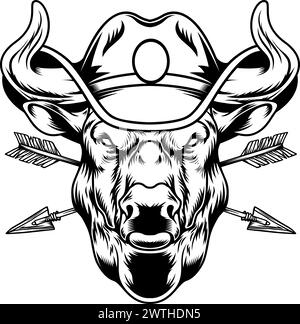 Illustration de tête de taureau avec chapeau de cow-boy dans le style de gravure. Élément de design pour logo, étiquette, signe, emblème, badge. Illustration vectorielle d'un taureau Illustration de Vecteur