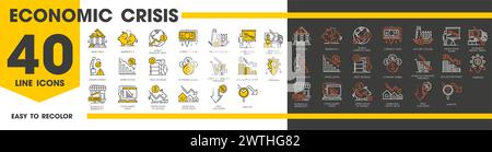 Icônes de ligne de crise économique et de perte d'argent, ensemble de vecteurs de symboles de contour de ralentissement et de faillite. Fermeture d'usine, diminution du trafic de fret ou analyse. Chômage, dépréciation et baisse des investissements Illustration de Vecteur