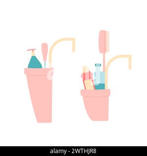 Jeu de récipients de nettoyage. Éléments d'équipement pour laver la maison isolé sur fond blanc. Concept de ménage. Seau, pulvériser divers outils. Vecteur plat ILL Illustration de Vecteur