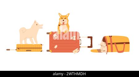 Ensemble de voyage pour animaux de compagnie. Voyage avec chats et chiens. Porte-bagages de transport, bagages et animaux domestiques. Illustration vectorielle. Illustration de Vecteur