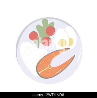 Steak de saumon, œuf de riz avec tomate cerise dans l'assiette. Repas en morceaux de poisson rouge. Nourriture saine. Illustration plate vectorielle isolée sur fond blanc. Illustration de Vecteur