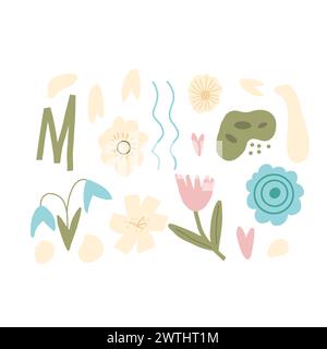 Ensemble fleurs et éléments abstraits géométriques. Botanical nature diverse forme de ressort. Formes florales abstraites modernes et feuilles. Illustration vectorielle pour Illustration de Vecteur