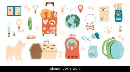 Voyagez avec animaux de compagnie. Fournitures touristiques et accessoires pour les éléments d'animaux domestiques isolés sur fond blanc. Porte-animaux, collier, passeport et Illustration de Vecteur