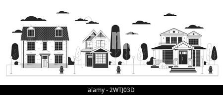 Banlieue résidentielle noir et blanc dessin animé plat illustration Illustration de Vecteur