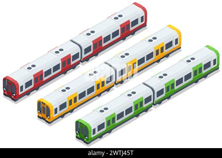 Métro isométrique. Transport urbain de haute qualité. Les passangers de gens dans le métro. Les passagers qui font la navette entre eux. Collection de trains de métro. Véhicules Illustration de Vecteur