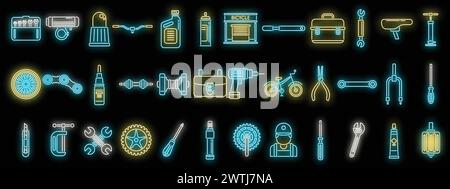 Icônes de réparation de bicyclette définir le vecteur de contour. Elément de bicyclette. Équipement de pièces de bicyclette couleur néon isolé Illustration de Vecteur