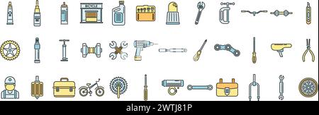 Icônes de réparation de bicyclette définir le vecteur de contour. Elément de bicyclette. Équipement de pièces de bicyclette ligne mince couleur plat isolé Illustration de Vecteur