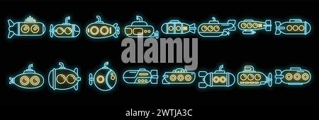 Les icônes bathyscaphe définissent le vecteur de contour. Sous-marin de plongée. Appareil profond isolé de couleur néon Illustration de Vecteur