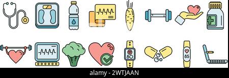 Les icônes de coeur sain définissent le vecteur de contour. Les soins de santé. Méplat de couleur de la ligne mince de médecine cardiaque isolé Illustration de Vecteur