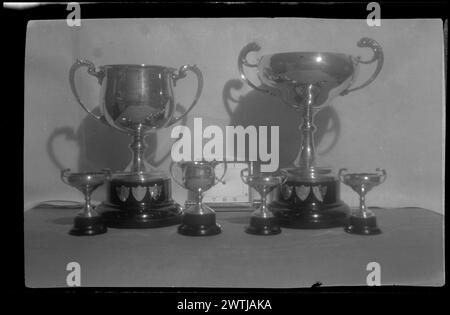 Trophées de boxe négatifs argentés en gélatine, négatifs noir et blanc Banque D'Images