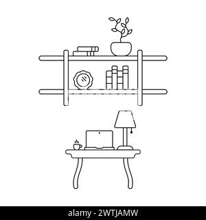 Concept linéaire des icônes de meubles de maison. Aperçu d'une table de livre. Vecteur de lieu de travail. Vecteur de table de chevet de bureau d'ordinateur. Lampe sur une table de chevet. Illustration de Vecteur