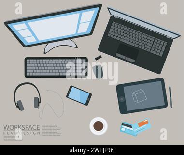 Ordinateur de l'espace de travail de bureau vue de dessus conception plate, illustration vectorielle Illustration de Vecteur