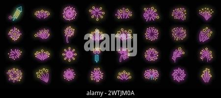 Les icônes de feu d'artifice définissent le vecteur de contour. Fêtez le nouvel an. Couleur néon de feu de Cracker isolé Illustration de Vecteur