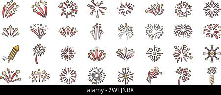 Les icônes de feu d'artifice définissent le vecteur de contour. Fêtez le nouvel an. Cracker Fire ligne mince couleur plat isolé Illustration de Vecteur