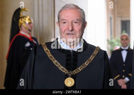 il Presidente della Corte costituzionale Augusto Barbera durante la Presentazione della Relazione annuale della Corte costituzionale sull'attività e sugli indirizzi giurisprudenziali della Corte nel 2023, Palazzo della Consulta a Roma, Lunedì, 18 marzo 2024 (foto Mauro Scrobogna/LaPresse) le Président de la Cour constitutionnelle Augusto Barbera lors de la présentation du rapport annuel de la Cour constitutionnelle sur l’activité et les orientations jurisprudentielles de la Cour en 2023, Palazzo della Consulta à Rome, lundi 18 mars 2024 (photo Mauro Scrobogna/LaPresse) Banque D'Images