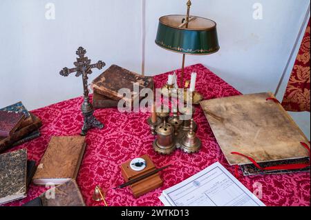 Intérieur de la tente des officiels de 'la Coronela' à la réplique d'un camp pendant la reconstitution historique de 'Los Sitios', les événements qui ont eu lieu à Saragosse Banque D'Images