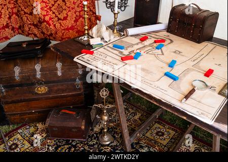 Intérieur de la tente des officiels de 'la Coronela' à la réplique d'un camp pendant la reconstitution historique de 'Los Sitios', les événements qui ont eu lieu à Saragosse Banque D'Images