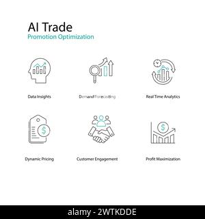 Stratégie commerciale IA icônes vectorielles optimisation des promotions de vente au détail Illustration de Vecteur
