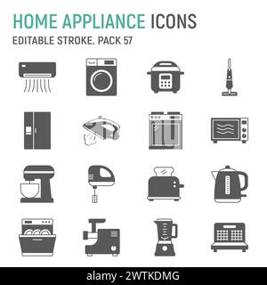 Jeu d'icônes de glyphe d'appareils ménagers, collection de ménage, graphiques vectoriels, illustrations de logo, icônes vectorielles d'équipement de maison, signes d'appareils ménagers, pictogrammes solides, trait éditable Illustration de Vecteur
