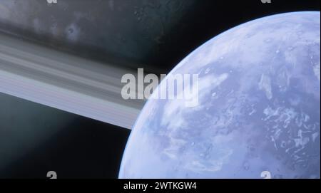 Saturne majestueux anneaux à côté d'une magnifique planète bleue contre le cosmos sombre. rendu 3d. Banque D'Images