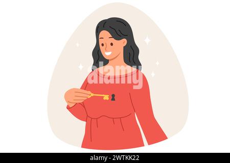 Femme avec la clé au cœur et trou de serrure dans la poitrine, comme métaphore de l'amour et de la préparation à la relation Illustration de Vecteur