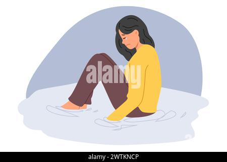 La femme qui pleure est assise dans une flaque de larmes, souffrant de dépression après avoir rompu avec son petit ami Illustration de Vecteur