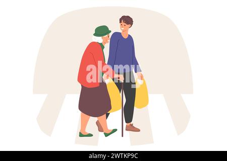 L'homme attentionné aide la femme âgée à porter de lourds sacs à la maison et parle avec grand-mère avec le sourire Illustration de Vecteur