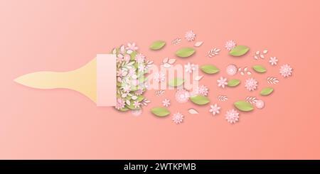 Fleurs printanières. Art en papier d'été avec pinceau dans un style créatif pastel. Pétales et feuilles de fleurs artisanales mignons roses. Peinture artistique origami. Pinceau floral. Coupe botanique. Arrière-plan vectoriel Illustration de Vecteur
