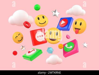 Icônes de médias sociaux. emoji 3d pour application de téléphone internet numérique, éléments de communication de réseau mobile. Objets modernes volant dans le ciel, les nuages et les étoiles, application de chat. Rendu d'une conception vectorielle isolée Illustration de Vecteur